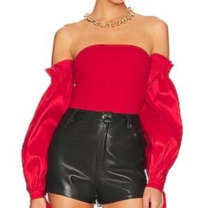 Majorelle red bodysuit, off shoulder, ties at wrist